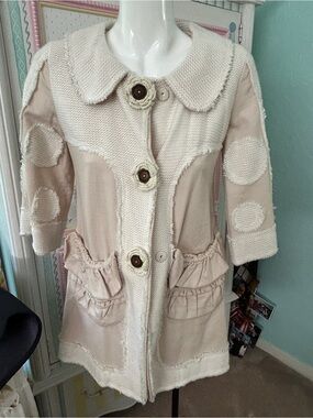 Girls' Cream Knit-Trim Beige/Cream Coat with Ruffle Pockets